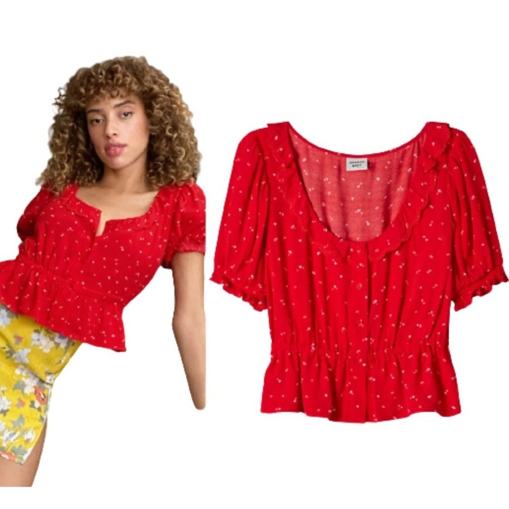 Sunday Best Aritzia Marisol Red And White Heart Print Puff Sleeve Peplum Top S